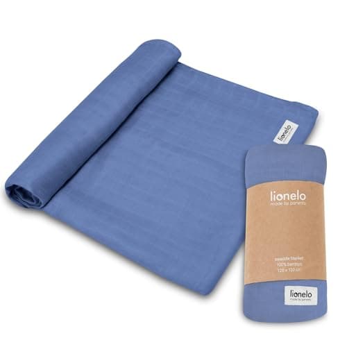 Lionelo Bamboo Swaddle Musselin Babywickel, Babydecke Aus 100% Natürlicher Bambusbaumwolle, Größe 120 x 120 cm, Mulltücher, Kinderdecke, Angenehmes und Weiches Material (Blue Denim)