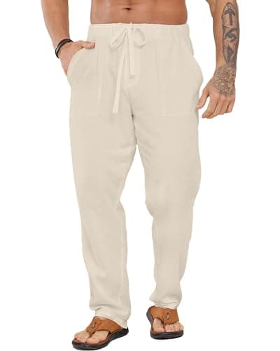 LVCBL Leinenhose Herren Lang Sommerhose Freizeithose Yoga Urlaub Strandhose Khaki L