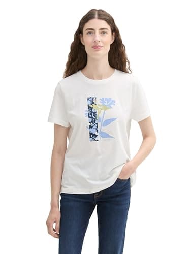 TOM TAILOR Damen T-Shirt aus Bio-Baumwolle mit Print, 10320 - Soft Clear White, L Bio