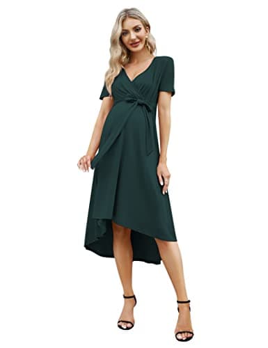 KOJOOIN Damen Umstandskleid Festlich Stillkleid V-Ausschnitt Kurzarm Schwangerschaftskleid mit Taillengürtel Sommer Dunkelgrün(Kurzarm) S