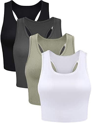 Geyoga 4 Stück Damen Crop Tank Tops (Schwarz, Anthrazitgrau, Olivgrün, Weiß, S) Öko