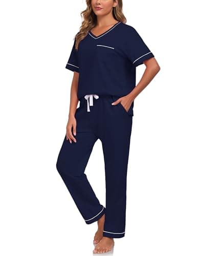COLORFULLEAF 100% Baumwolle Damen Schlafanzug Pyjama Zweiteiliger Lounge Set V-Ausschnitt Nachtwäsche Kurzarm Lange Hose Hausanzug(Navy Blau,L)
