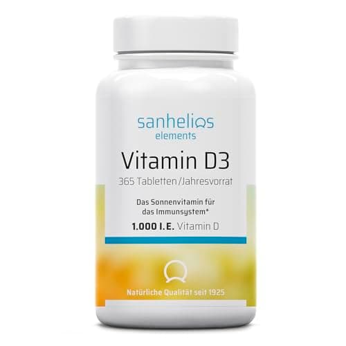 Sanhelios Sonnenvitamin D - 1000 I.E. Vitamin D3 - Unterstützt Knochen, Zähne, Muskeln und Immunsystem* - 365 Microtabletten Jahresvorrat - Nur Premium Zutaten - Hergestellt & geprüft in Deutschland Öko