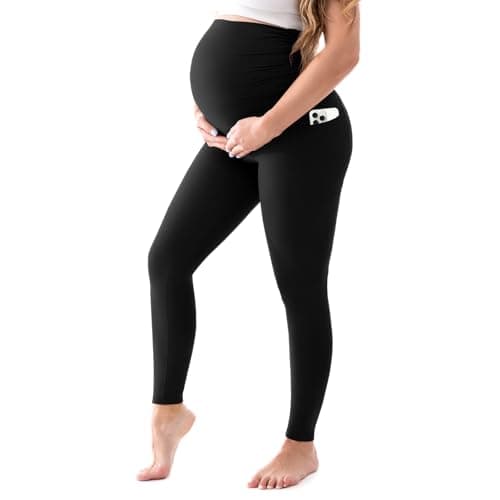 Walifrey Women's Maternity Leggings with Pockets,High Waist Opaque Comfortable Pregnancy Black Leggings L