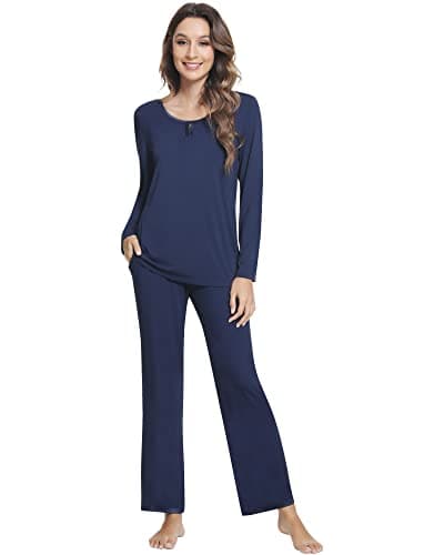 NACHILA Damen-Pyjama-Set, Viskose aus Bambus, Nachtwäsche, langärmelig, Pjs-Set, Rundhalsausschnitt, Pyjama mit Hose, C-navy, XL