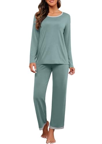 PrinStory Schlafanzug Damen Rundhals-Ausschnitt Pyjama Set Langarm Soft Nachtwäsche Lounge Wear Sets Für Frauen Mit Taschen (Haze Blau, M)