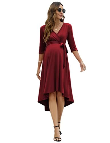 KOJOOIN Damen Umstandskleid Festlich Stillkleid V-Ausschnitt 3/4 Ärmel Schwangerschaftskleid mit Taillengürtel Weinrot(3/4 Ärmel) M