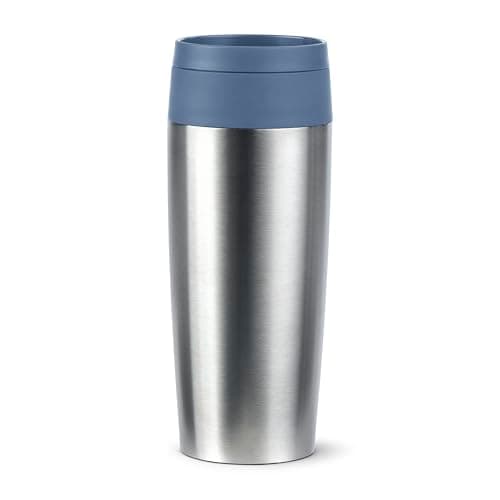 Emsa Travel Mug Eco Isolierbecher, 0,36 l, Comfort-Schraubverschluss, Quick-Press, Öko-Design, 100% dicht, hält Getränke 4h warm und 8h kühl, 360°-Rundum-Trinköffnung, Edelstahl/Blau, N2024100