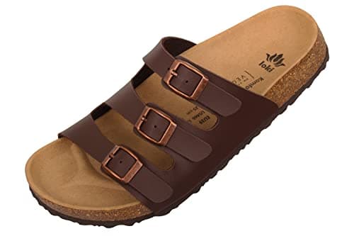 loki ANNA by Pantoletten für Damen I nachhaltig & vegan, PETA-zertifiziert I Sandalen mit flexibler EVA-Laufsohle & Memory-Korkfußbett I 3-Riemer Schlappen, Allergiker-freundlich I 37 in Braun Öko Vegan