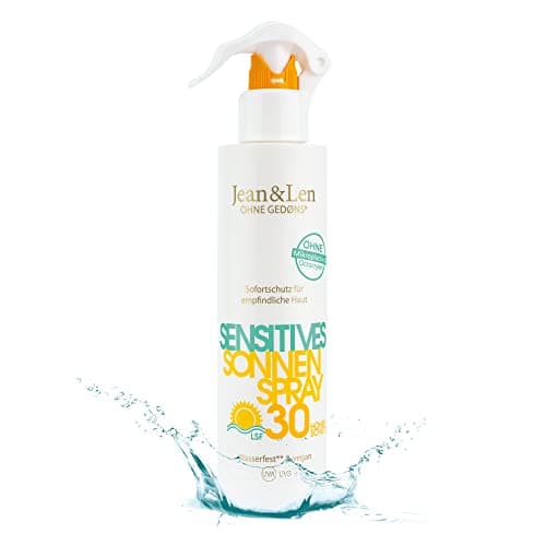 Jean & Len Sensitiv Sonnenspray 30 LSF wasserfest, für empfindliche Haut, ohne Silikone, Nanopartikel, Octocrylen, Mikroplastik, Mineralöl, Duft- & Farbstoffe, vegan, Sonnencreme Spray 250 ml Öko Vegan