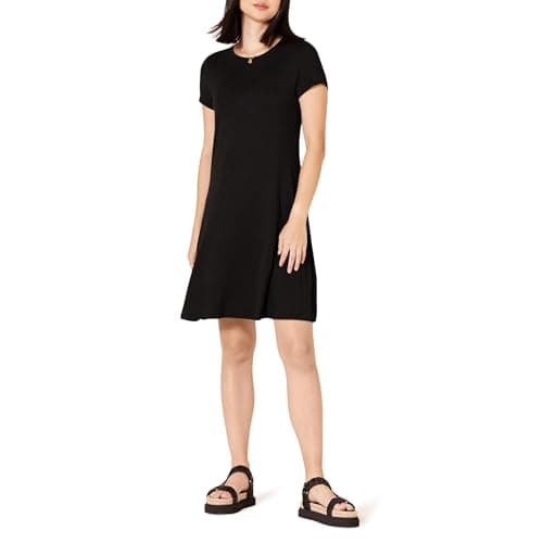Amazon Essentials Damen Kurzärmeliges Swing-Kleid mit U-Ausschnitt (erhältlich in Übergröße), Schwarz, L Öko