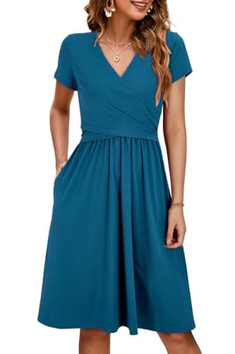 OUGES Sommer Damen Stillkleid V-Ausschnitt Umstandskleid Festlich 2025 Mode Midikleid mit Taschen -M