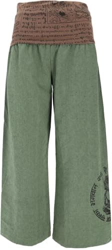 GURU SHOP Weite Marlenehose, Buddha Wellnesshose, Yogahose, Boho Hose mit Breitem Bund - Olive, Damen, Baumwolle, Size:L