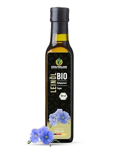 Kräuterland Bio Leinöl 250ml, bio Leinsamen, kaltgepresst, mild und nussig, reich an Lignane und Omega 3-6-9 Fettsäuren, naturrein ohne Zusatzstoffe, glasflasche, mühlenfrisch Bio