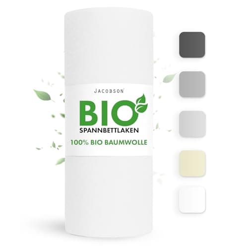 Jacobson Bio Spannbettlaken 180x200cm Baumwolle Spannbettlaken, GOTS zertifiziertes Bettlaken, 160g/m² Jersey Spannbetttuch (180x200, Weiß) Bio Öko