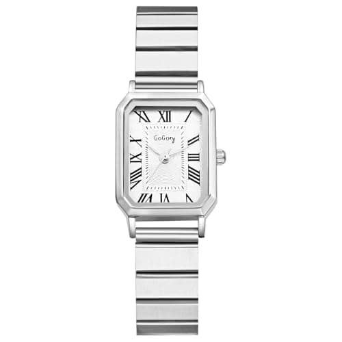 JewelryWe Damenuhr Kleine Rechteckige Uhren: Vintage Römische Ziffern Analog Quarz Armbanduhr mit Silber Schmalem Edelstahlarmband Luxus Elegante Uhr für Damen Frauen