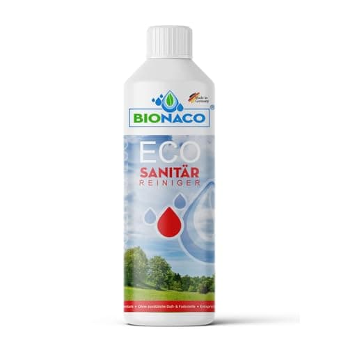 BIONACO ECO Sanitär Reiniger Konzentrat, 1 Liter, Badreiniger extra stark für Armaturen, nachhaltiges Reinigungsmittel für Kalk, Armaturen & Schmutz, ohne zusätzliche Duft- oder Farbstoffe Bio Öko