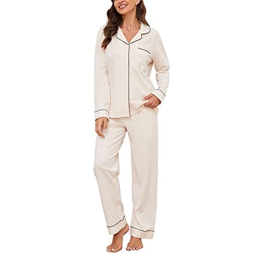 U2SKIIN Schlafanzug Damen lang 100% Baumwolle, Pyjama Damen weiche Pyjamas Set leichte Nachtwäsche Schlafanzüge für Frauen Zweiteiler Pyjama Set (Beige, L) Öko
