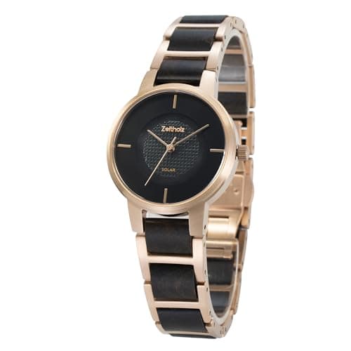 Zeitholz Solaruhr Damen - Freiberg Holzuhr 34mm, gefertigt aus Sandelholz oder Eichenholz mit fortschrittlicher japanischer Solartechnologie und einem eleganten, nachhaltigen Design. (schwarz) Öko