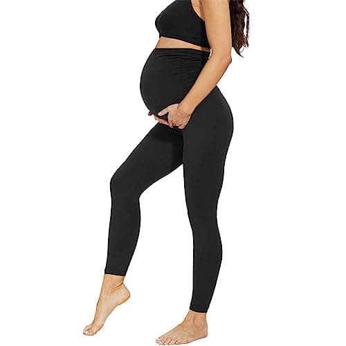 AMIYOYO Damen Umstandsleggings High Waist Schwangerschaftsleggings Blickdicht Umstandshose Freizeithose Stretch Umstandsmode für Schwangere Lang(Schwarz,L)