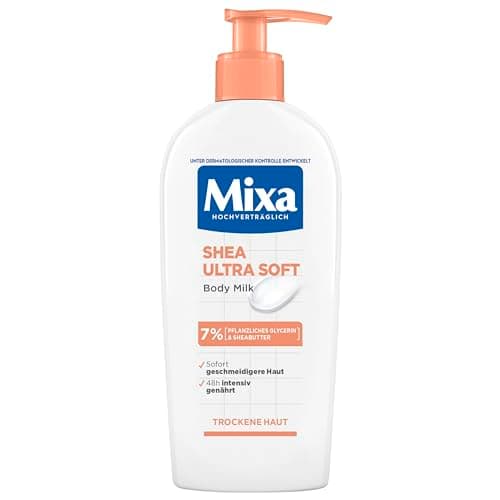 Mixa Shea Body Lotion, mit Sheabutter und pflanzlichem Glycerin, intensiv nährende Körpermilch, für trockene und raue Haut, pflegt & hydratisiert die Haut 48h lang, Shea Ultra Soft Body Milk, 250 ml Vegan