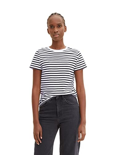 Tom Tailor Denim Damen Boxy Fit T-Shirt mit Streifen aus Bio-Baumwolle, 31641 - White Black Stripe, M Bio Öko