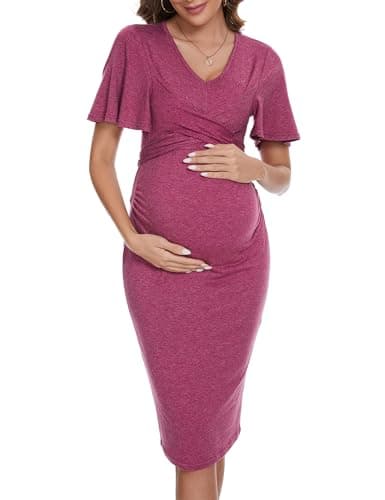 KOJOOIN Damen Umstandskleid Sommer Kurzarm V-Ausschnitt Enge Stillkleid Elegant Schwangerschaftskleid mit Gürtel Lilarot(Kurzarm) L
