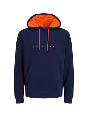 JACK & JONES Herren JJESTAR JJ Sweat Hood Kapuzenpullover, Navy Blazer/Shocking Orange, L Bio Öko