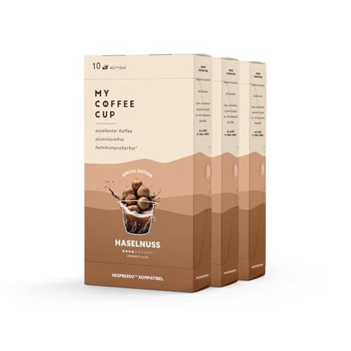 My Coffee Cup – Haselnuss Aroma Caffé – BIO-KAFFEE 3 PACKUNGEN I 30 Kaffeekapseln für Nespresso®³-Kapselmaschinen I 100% heim- und gartenkompostierbare Kaffeekapseln – 0% Alu und nachhaltig