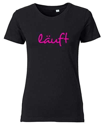 Roughtex Damen T-Shirt mit Spruch „läuft“ – Bio Baumwolle – Rundhals – minimalistisches Design mit Print in Gold/Weiß/Neonpink – nachhaltig & fair produziert Schwarz Neonpink XL Bio Öko