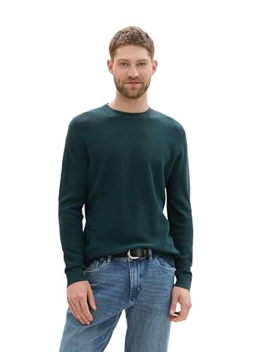 TOM TAILOR Herren Basic Strickpullover aus Baumwolle, 36296 - Dark Tree Green Melange, L Öko