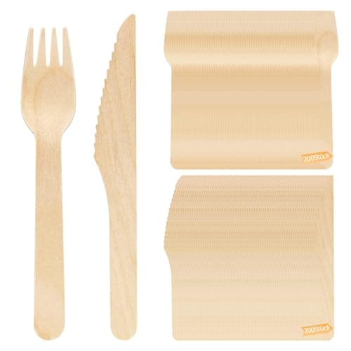 200 Stück Holzbesteck, 100 Holzgabeln, 100 Holzmesser, Wiederverwendbar Nachhaltiges Holzbesteck, Wiederverwendbar Geschirr Set aus Holz für Party, Geburtstag, Camping, Picknick Öko