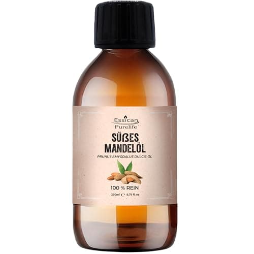 Essican Purelife Süßmandelöl, 250ml, Kaltgepresstes Mandelöl für die Haare, Trägeröl für ätherische Öle, ideal für Massage, Feuchtigkeitspflege für Haut, Ohren, Körper, ohne Tierversuche, Massageöl Öko