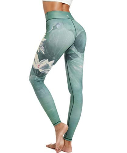 HAPYWER Yoga Leggings Damen High Waist Yogahose Bunt Gym Sport Leggings Tummy Control Running Workout - Stretch Kompressionshose mit Aufdruck für Frauen(Lotos Grün,M) Öko