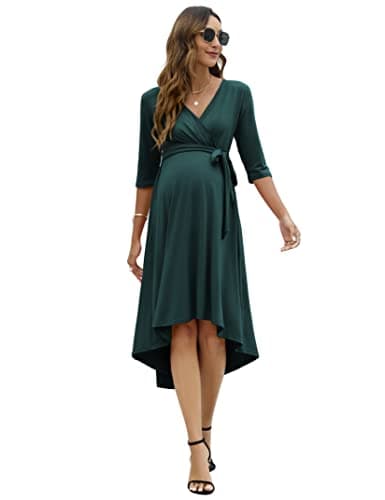 KOJOOIN Damen Umstandskleid Festlich Stillkleid V-Ausschnitt 3/4 Ärmel Schwangerschaftskleid mit Taillengürtel Dunkelgrün L
