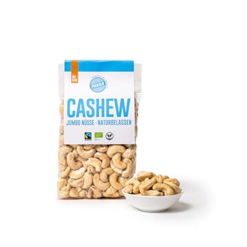 PAKKA Bio Fairtrade Jumbo Cashews nature, roh & ungeröstet, 450g, indische Cashewkerne Öko & Fair, direkt hergestellt und abgefüllt vom Produzenten in Kerala, vegan, 450g Bio Öko Vegan
