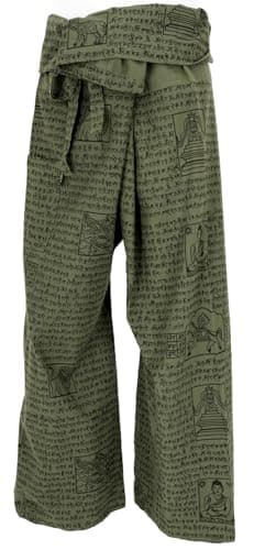 GURU SHOP Thai Fischerhose mit Mantra Druck aus Gewebter Baumwolle, Wickelhose, Yogahose - Olivgrün, Herren/Damen Öko