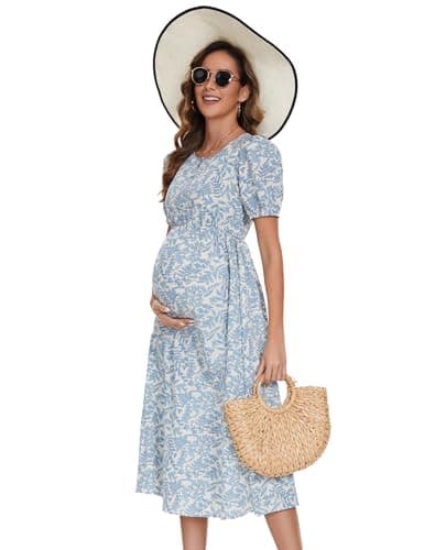 KOJOOIN Umstandskleid Damen Sommer Schwangerschafts Kleid Kurzarm Casual Lange Schwangerschaftskleid mit Rundhalsausschnitt Knopfdekoration Blau M