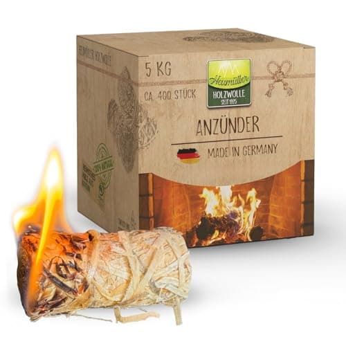 Heumüller Holzwolle Premium Holzwolle-Anzünder 5 kg (ca. 400 Stück) | Öko-Anzünder aus Holzwolle & Wachs | Lange Brenndauer & geruchsneutral | Ideal für Kamin, Grill & Feuerstellen
