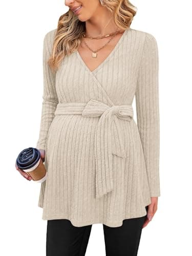 FMEYOA Damen-Umstands-Shirt, langärmelig, V-Ausschnitt, gerippt, Blusen für Schwangere, Beige, Mittel