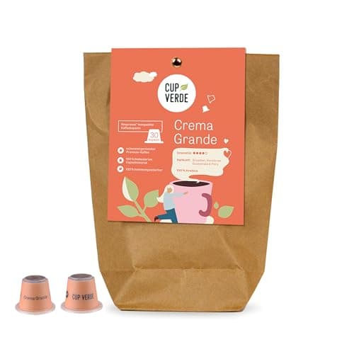 CUP VERDE – 30 Crema Grande Kaffeekapseln kompatibel mit Nespresso*/ kräftig aromatisch/Nachhaltig - Heim kompostierbar – fair gehandelt - schonend geröstet Bio Öko