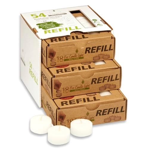 Candelo 54er Set Refill Eco Kerzen Ambiente - Teelichter ohne Hülle zum Nachfüllen - Wachsrohlinge Weiß - Plastikfrei ohne Duft - 6 Std. Brenndauer Öko