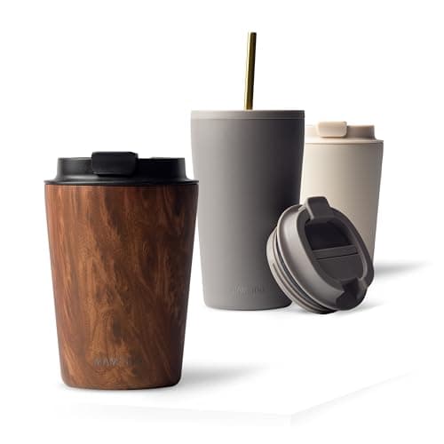 MAMEIDO Thermobecher 350 ml, dichter Kaffeebecher to go aus Edelstahl doppelwandig isoliert, auslaufsicher, Coffee to go Becher warmhaltend (Oak Wood)