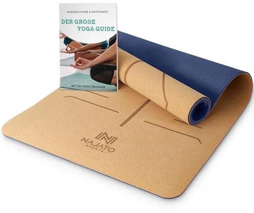 NAJATO Sports Yogamatte Kork – Rutschfeste Yoga Matte mit Tragegurt & E-Book (PDF Datei) – Trainingsmatte 183 x 65 x 0,6 cm – Nachhaltige Gymnastikmatte Öko