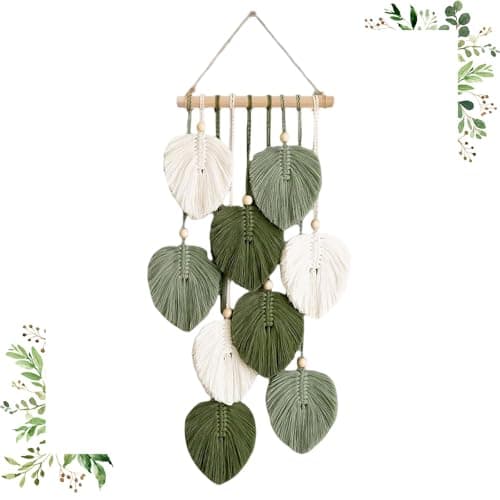 Wandbehang Boho Deko, 55x25 CM Wandteppich Boho Style mit Holzperlen und Grün Blätter, Tapisserie Wanddeko Handgemacht, Makramee Wandteppich für Schlafzimmer Wohnzimmer Kinderzimmer Wanddeko Geschenke Öko