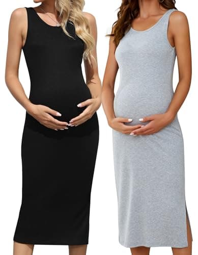 Brynmama 2er-Pack Umstandskleider Sommer Kleider Schwangerschaft ärmellos Seitengeteilte Unstandskleidung Langes Umstandsmode Kleid Schwarz, Grau, M