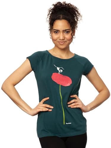 FellHerz Balance Girl Petrol - Damen T-Shirt Bio & Fair aus 100% Bio-Baumwolle, nachhaltig, vegan, ökologisch, alternativ, süßer Yoga Print, Pinke Blume (S) Bio Öko Vegan