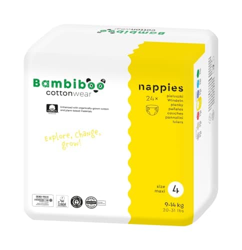 Bambiboo - COTTONWEAR Baby Windeln - Einwegwindeln - Größe 4 Maxi (9-14 - mit Bio-Baumwolle, Pflanzstoffen, Nässeindikator, 3D-Rüschen - Parfümfrei, Chlorfrei - 24 Stk
