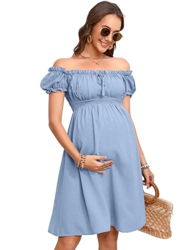 KOJOOIN Umstandskleid Damen Kurzarm Schwangerschafts Kleid Sommer Schwangerschaftskleid Off Schulter Blau M