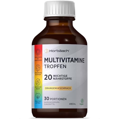 Multivitamin Komplex Tropfen | 480ml | Vegan | 20 essentielle Nährstoffe | Hochdosiert Vitamin | 30 Portionen | Orangengeschmack | Horbaach Bio Vegan